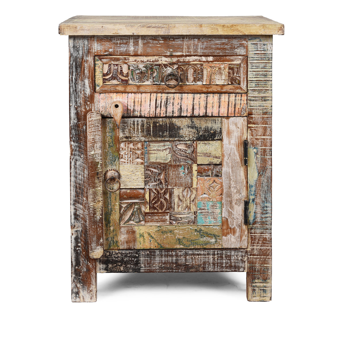 Hand-Carved Reclaimed Indian Bedside Cabinet With Patchwork Detail 