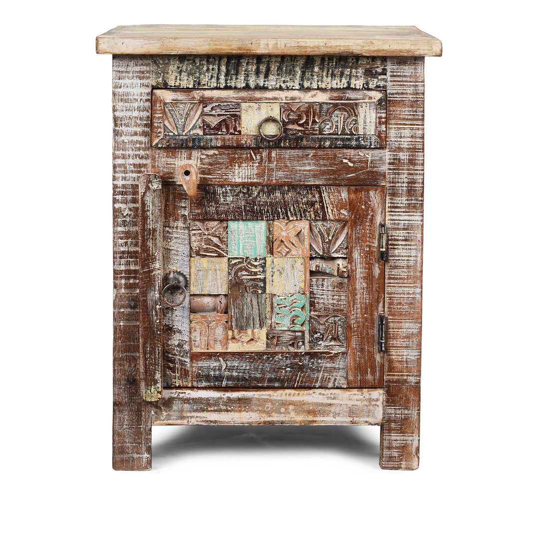Option 2 Bedside Cabinet Made From Reclaimed Teak And Featuring Multi Coloured Tiles And Panels | Indigo Antiques