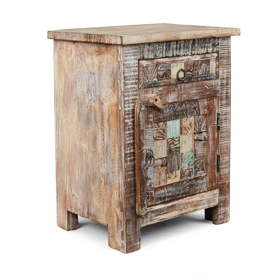Angled View Of Option 2 Bedside Cabinet Made From Reclaimed Teak And Featuring Multi Coloured Tiles And Panels | Indigo Antiques