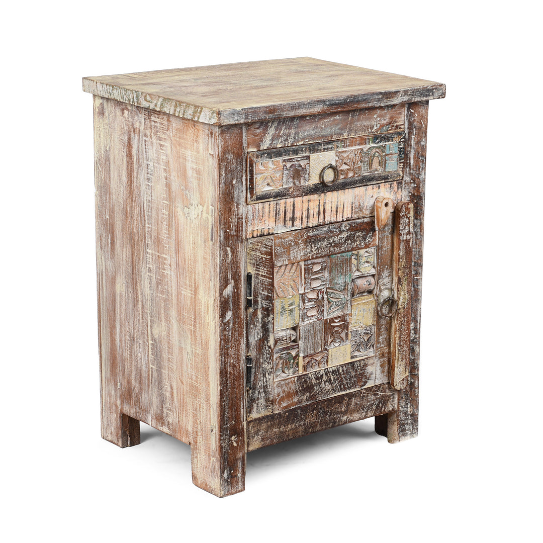 Angled View Of Option 3 Bedside Cabinet Made From Reclaimed Teak And Featuring Multi Coloured Tiles And Panels | Indigo Antiques
