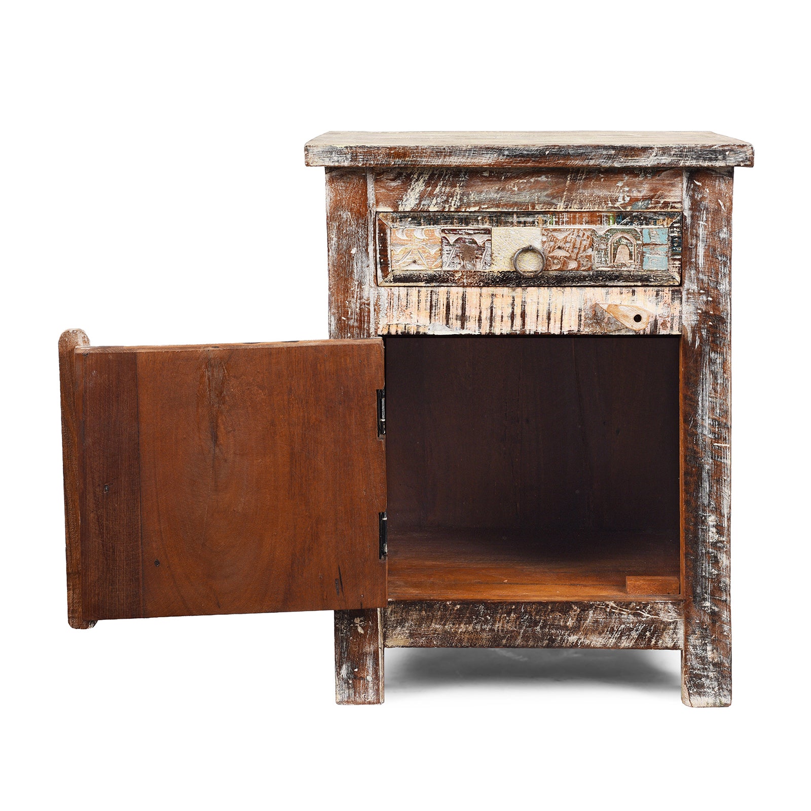 Angled View Of Option 2 Bedside Cabinet Made From Reclaimed Teak And Featuring Multi Coloured Tiles And Panels | Indigo Antiques