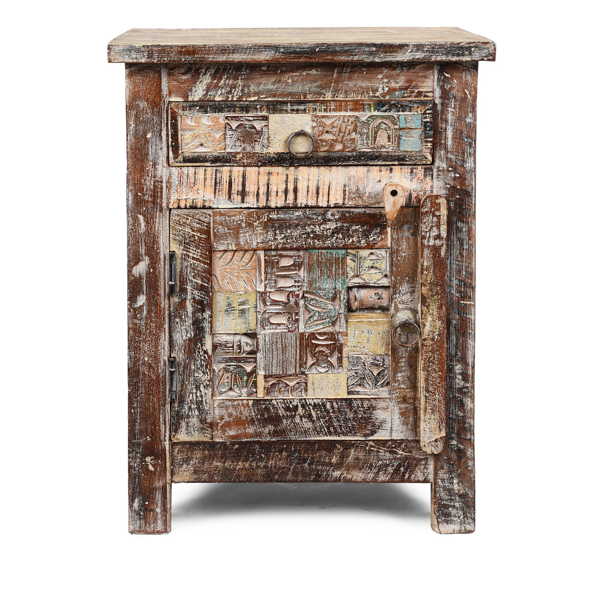 Option 3 Bedside Cabinet Made From Reclaimed Teak And Featuring Multi Coloured Tiles And Panels | Indigo Antiques