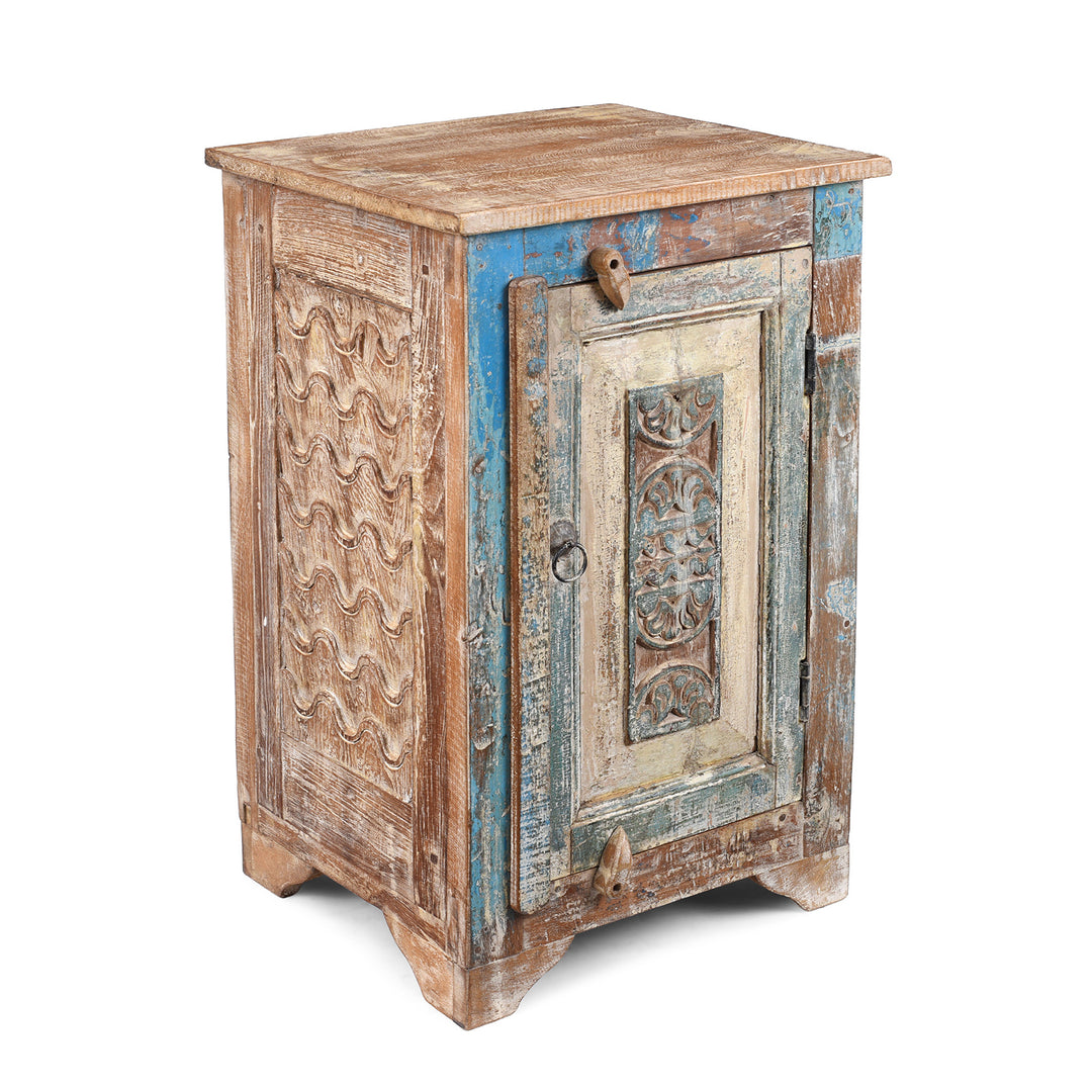 Angled VIew Of Reclaimed Teak Cabinet Made From Salvaged Carved Panels, Durable Decorative Storage From