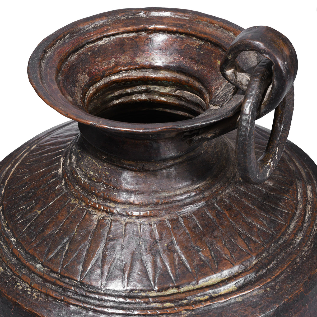 Rim Detail From Nineteenth Century Hand Beaten Copper Water Pot From Nepal With Forged Ring Detail