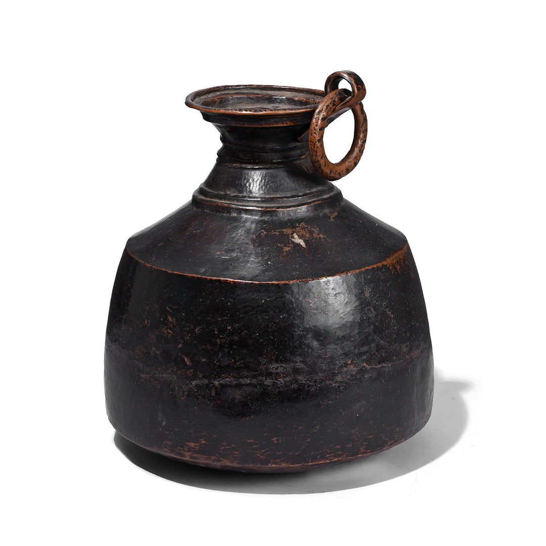 Nineteenth Century Hand Beaten Copper Water Pot From Nepal With Forged Ring Detai
