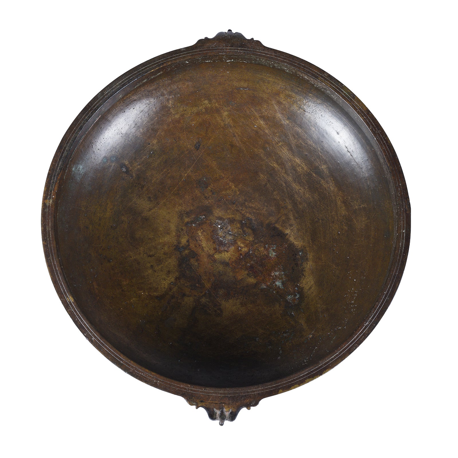 Top Down View Of Bronze Urli Cauldron From Kerala South India Late 19th Century With Loop Handles And Aged Patina