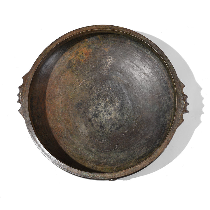 Top Down View Of Late 19th Century South Indian Bronze Urli Cauldron With Loop Handles And Rich Aged Patina