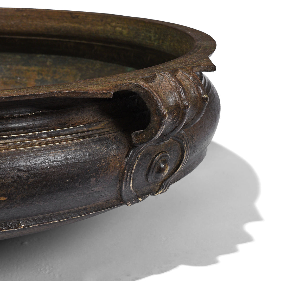 Handle Detail From Late 19th Century South Indian Bronze Urli Cauldron With Loop Handles And Rich Aged Patina