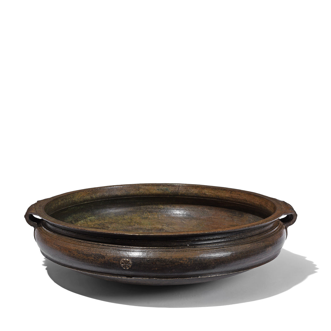 Side View Of Late 19th Century South Indian Bronze Urli Cauldron With Loop Handles And Rich Aged Patina