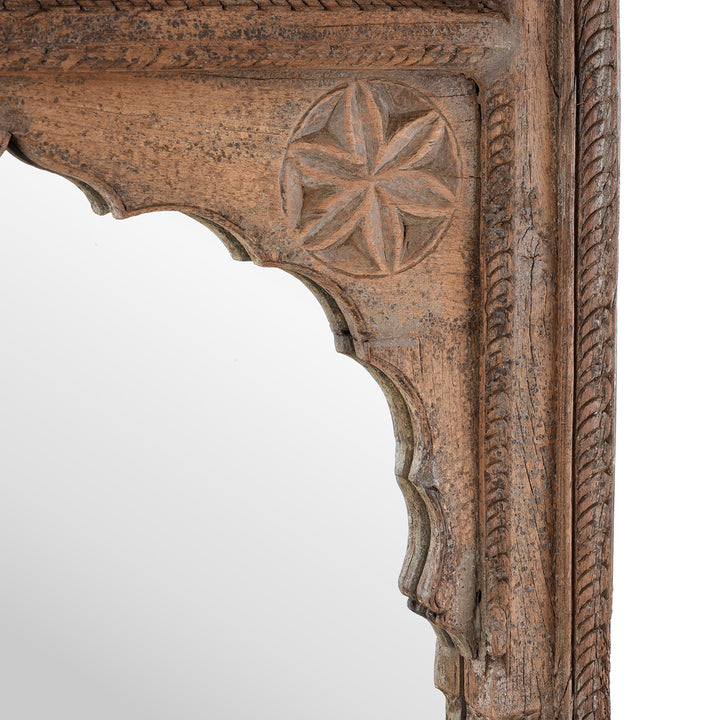 Corner Detail From  Antique Indian Teak Window Mirror With Arched Frame And Intricate Lattice Carving At The Top