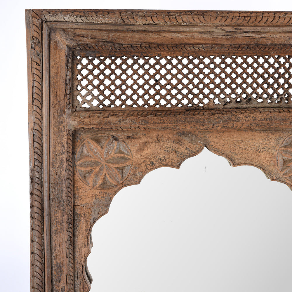 Detail Of Jali Carvings From  Antique Indian Teak Window Mirror With Arched Frame And Intricate Lattice Carving At The Top