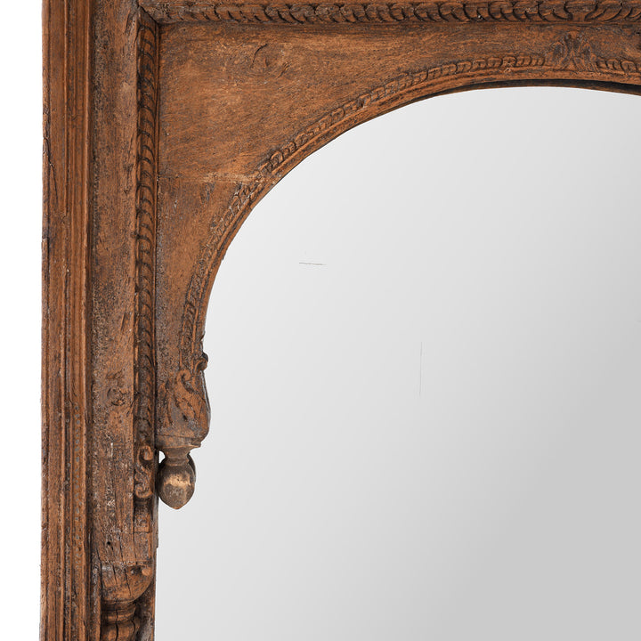 Arch Detail From Antique Indian Mirror Made From A 19th-Century Hand-Carved Teak Window Frame With Mughal Arch And Jali Panel From Madhya Pradesh.