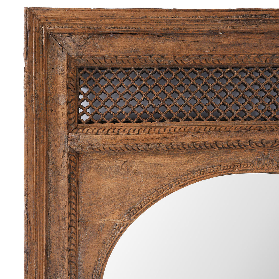 Jali And Corner Detail From Antique Indian Mirror Made From A 19th-Century Hand-Carved Teak Window Frame With Mughal Arch And Jali Panel From Madhya Pradesh.