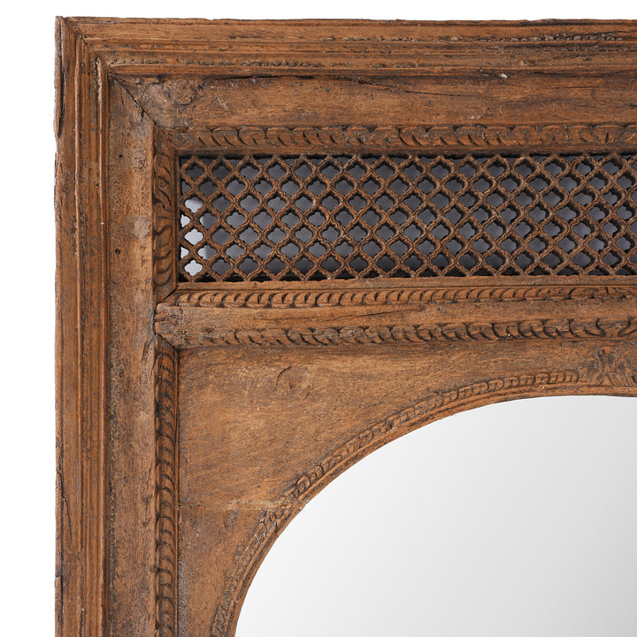 Jali And Corner Detail From Antique Indian Mirror Made From A 19th-Century Hand-Carved Teak Window Frame With Mughal Arch And Jali Panel From Madhya Pradesh.