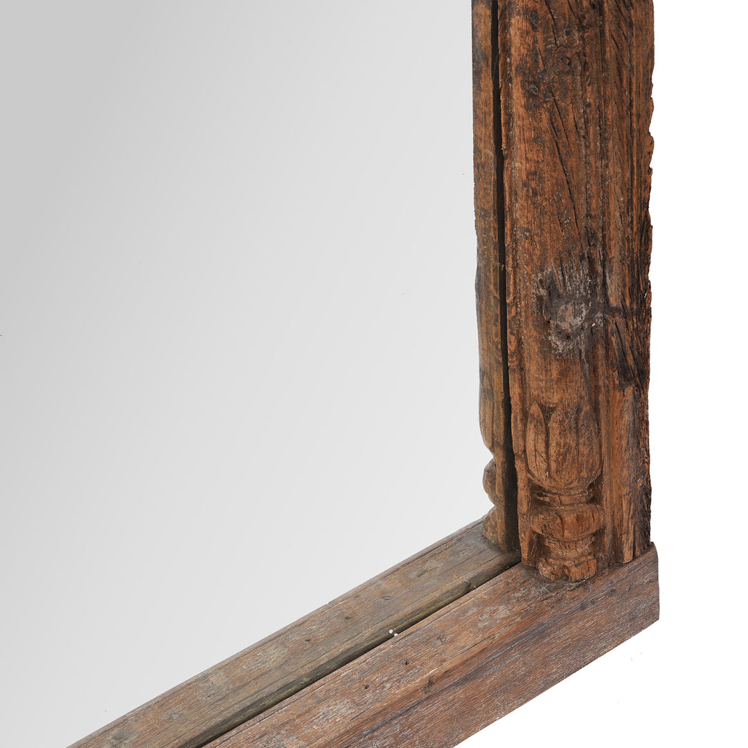 Base Detail From Antique Indian Mirror Made From A 19th-Century Hand-Carved Teak Window Frame With Mughal Arch And Jali Panel From Madhya Pradesh.