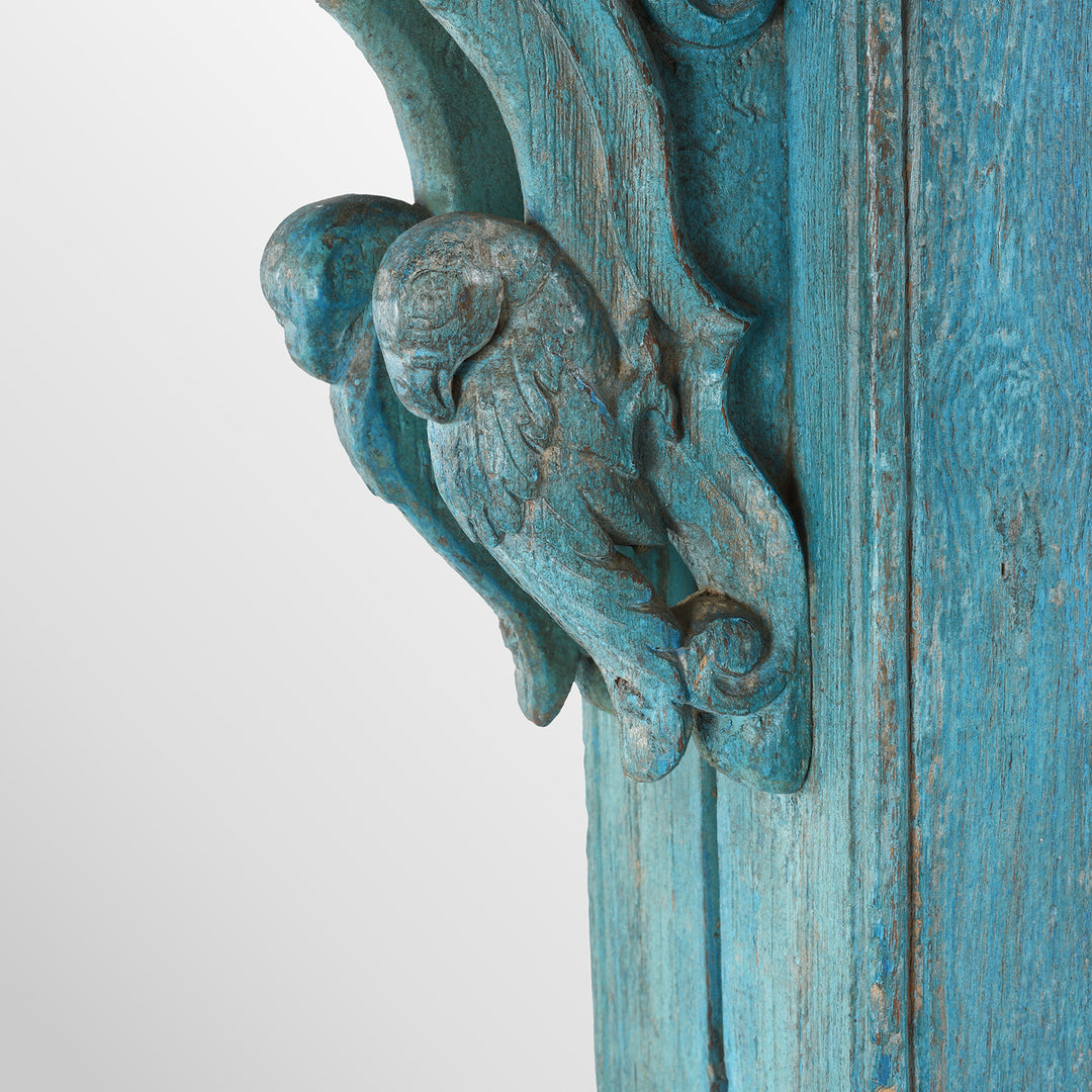 Parrot Detail From Antique Teak Mirror With Blue Patina And Carved Parrot Motifs From Northern India.