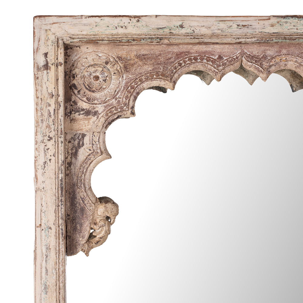 Corner Detail From Cream Painted Teak Window Mirror From Madhya Pradesh With Mughal Mihrab Arch And Carved Parrots 19th Century
