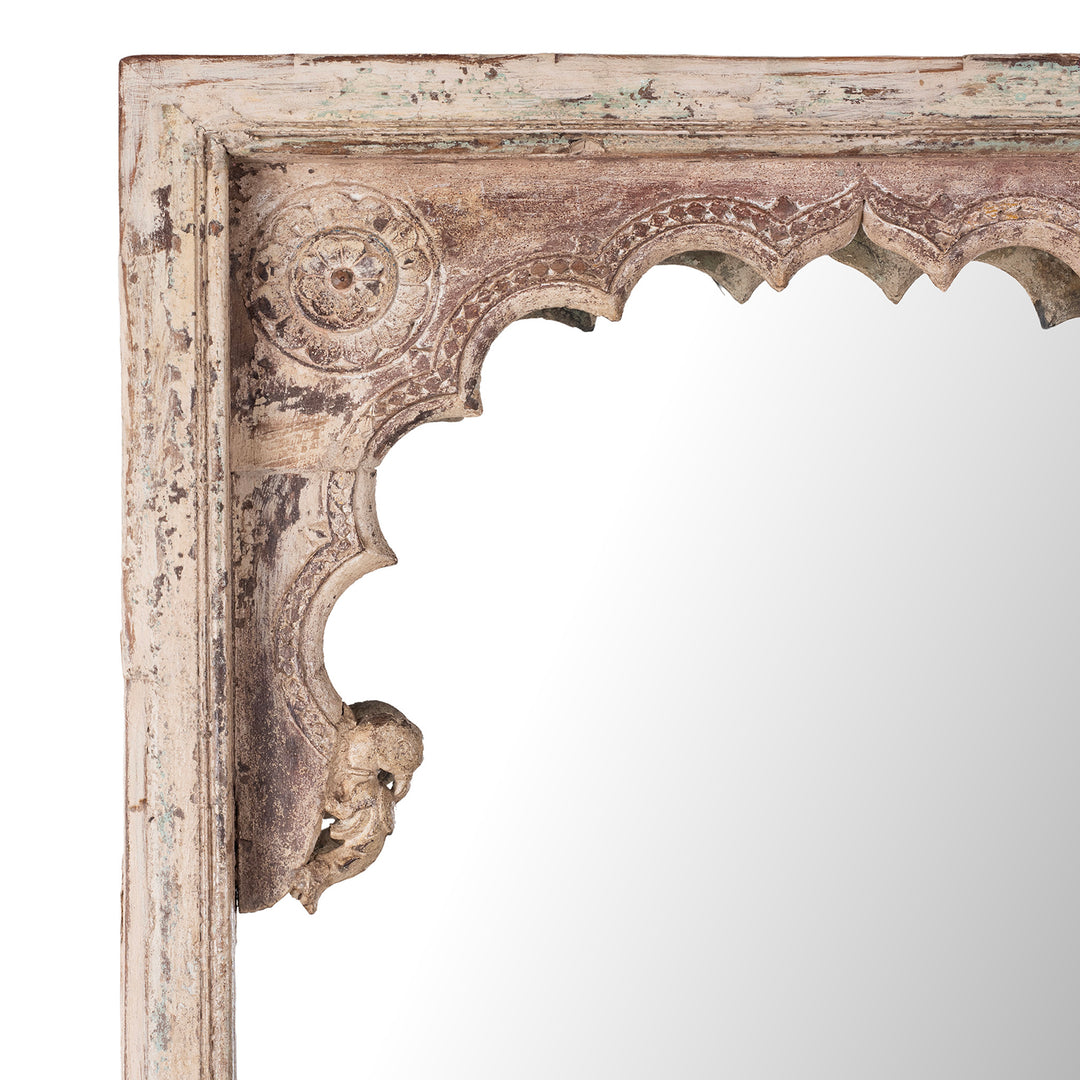 Corner Detail From Cream Painted Teak Window Mirror From Madhya Pradesh With Mughal Mihrab Arch And Carved Parrots 19th Century