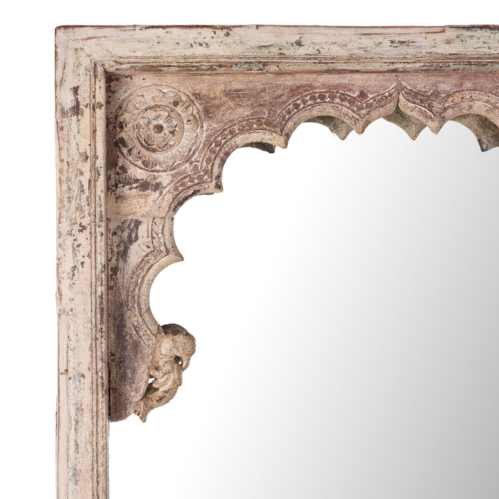 Corner Detail From Cream Painted Teak Window Mirror From Madhya Pradesh With Mughal Mihrab Arch And Carved Parrots 19th Century