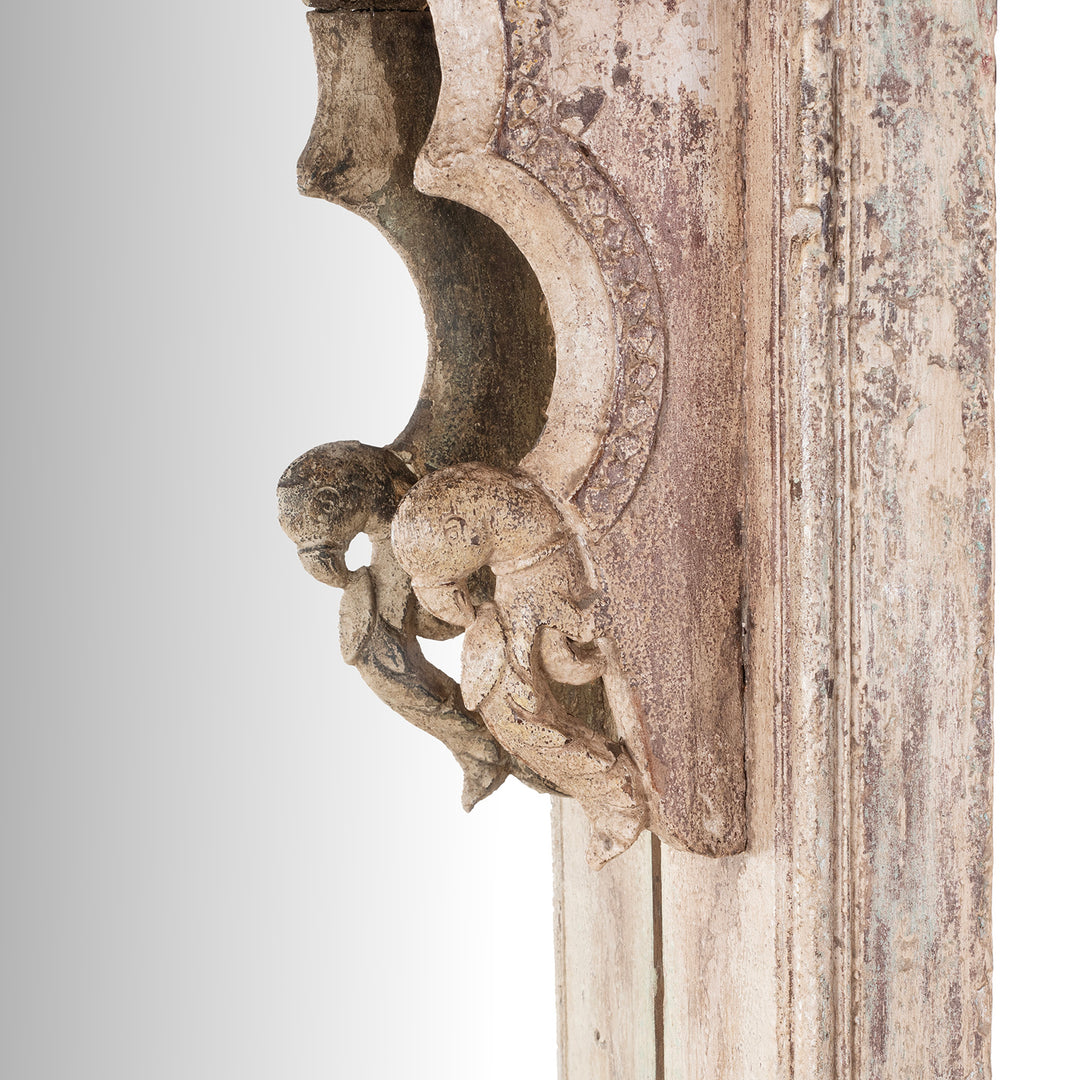Parrot Detail From Cream Painted Teak Window Mirror From Madhya Pradesh With Mughal Mihrab Arch And Carved Parrots 19th Century