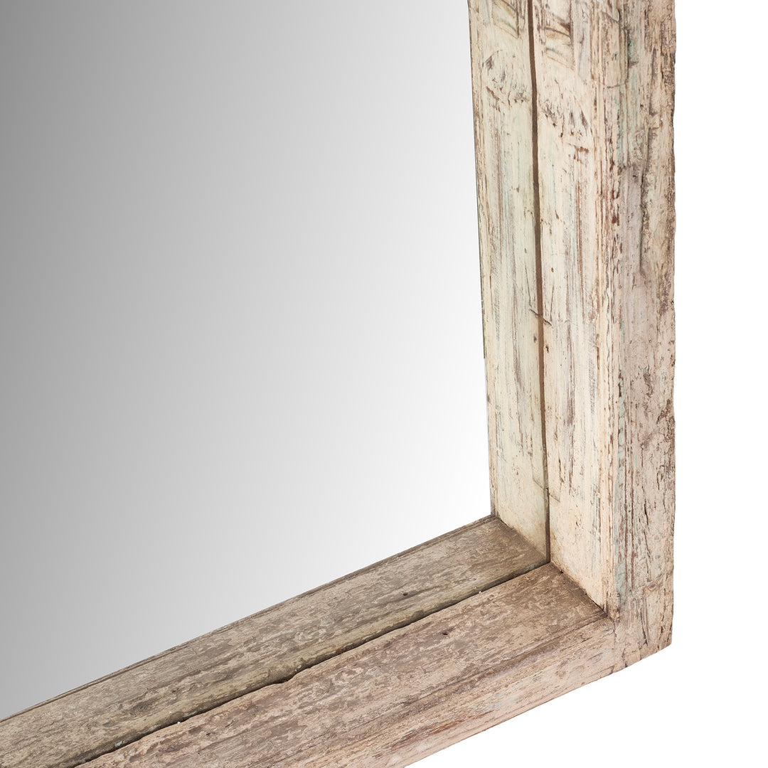 Depth Detail From Cream Painted Teak Window Mirror From Madhya Pradesh With Mughal Mihrab Arch And Carved Parrots 19th Century