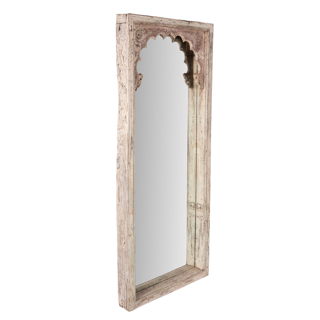 Angled View Of Cream Painted Teak Window Mirror From Madhya Pradesh With Mughal Mihrab Arch And Carved Parrots 19th Century