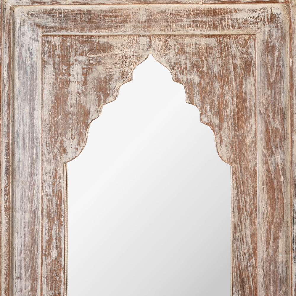 Carving Detail From Mihrab Mirror Wall Art Made From Reclaimed Teak With Distressed White Finish