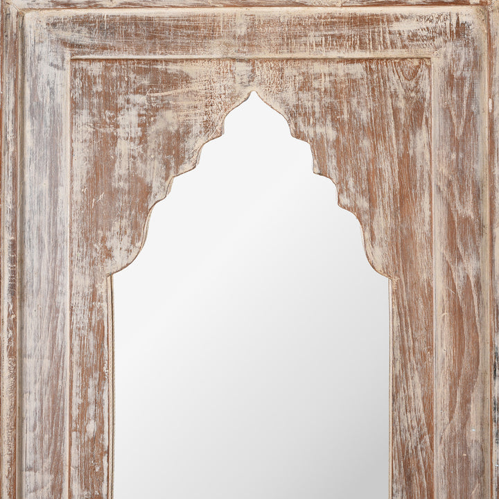 Carving Detail From Mihrab Mirror Wall Art Made From Reclaimed Teak With Distressed White Finish