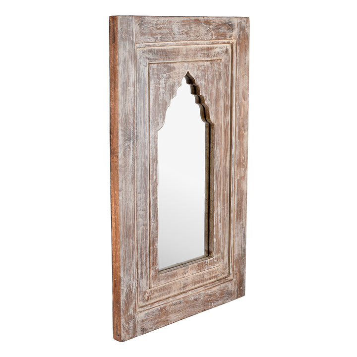Angled View Of Mihrab Mirror Wall Art Made From Reclaimed Teak With Distressed White Finish