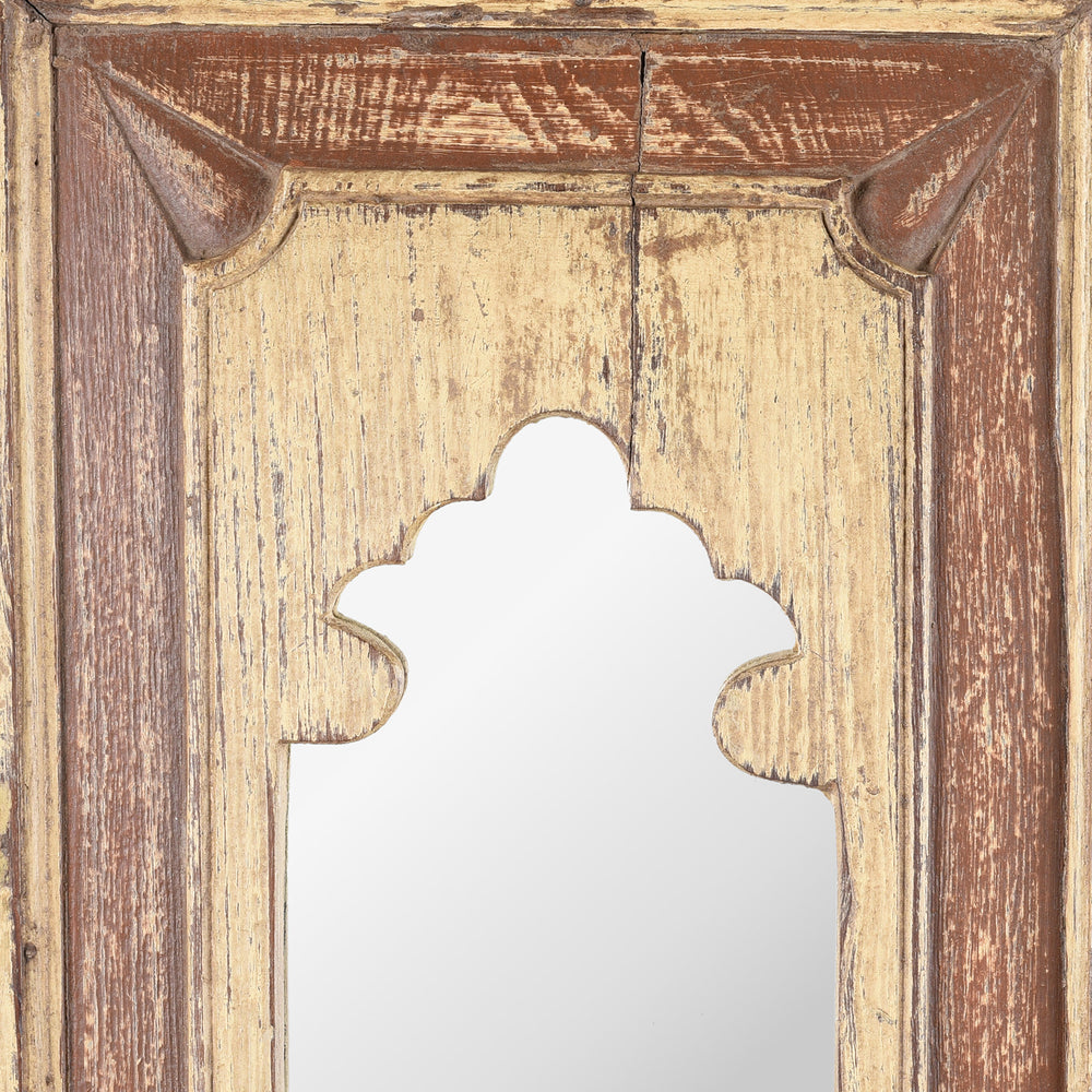 Carving Detail From Mihrab Mirror Wall Art Made From Reclaimed Teak With Distressed Yellow Finish | Indigo Antiques