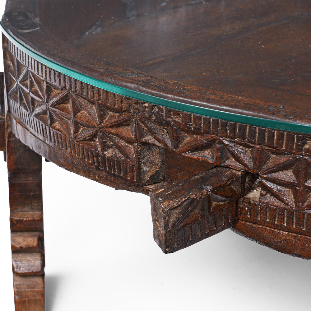 Carving And Grain Door Detail From Nineteenth Century Indian Teak Chakki Table With Chip Carved Decoration And Glass Top