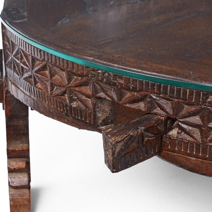Carving And Grain Door Detail From Nineteenth Century Indian Teak Chakki Table With Chip Carved Decoration And Glass Top