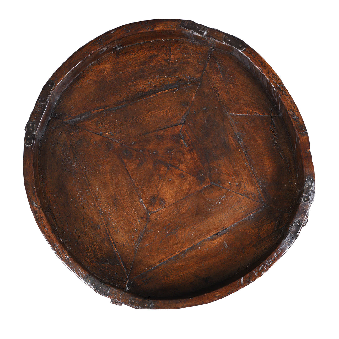 Top Down View Of Nineteenth Century Indian Teak Chakki Table With Chip Carved Decoration And Glass Top