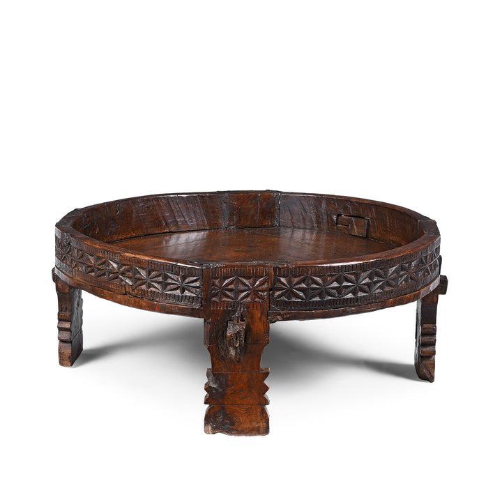 Nineteenth Century Indian Teak Chakki Table With Chip Carved Decoration And Glass Top