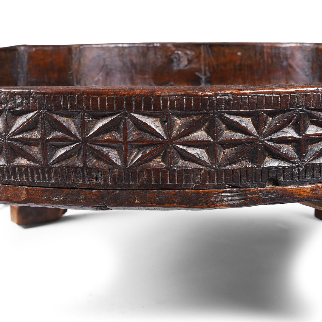 Chip Carving Detail From Nineteenth Century Indian Teak Chakki Table With Chip Carved Decoration And Glass Top
