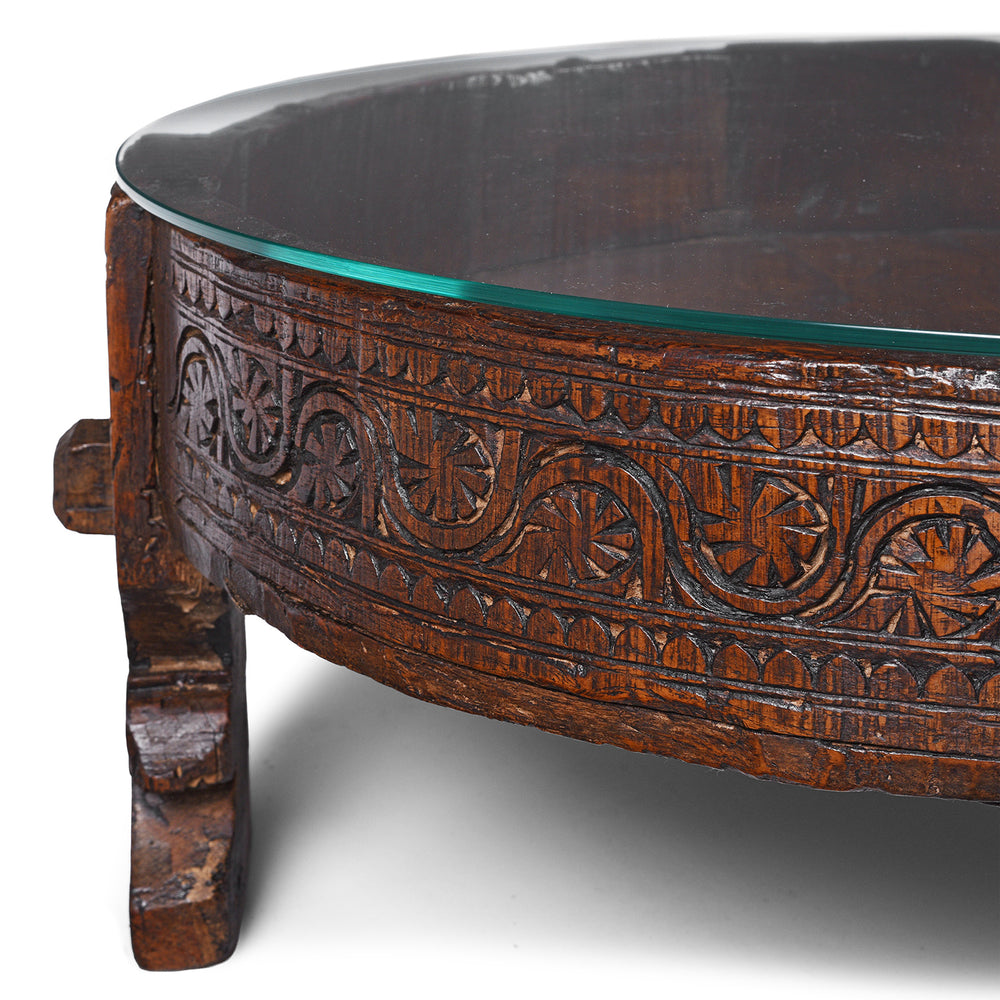 Chip Carving Detail From Nineteenth Century Indian Teak Chakki Table With Chip Carved Decoration And Glass Top