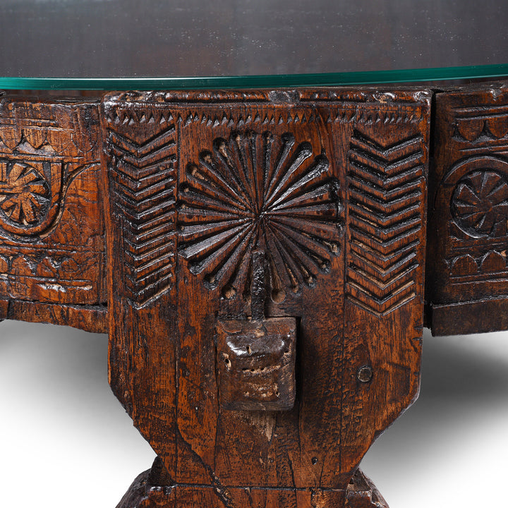 Chip Carving Detail From Nineteenth Century Indian Teak Chakki Table With Chip Carved Decoration And Glass Top