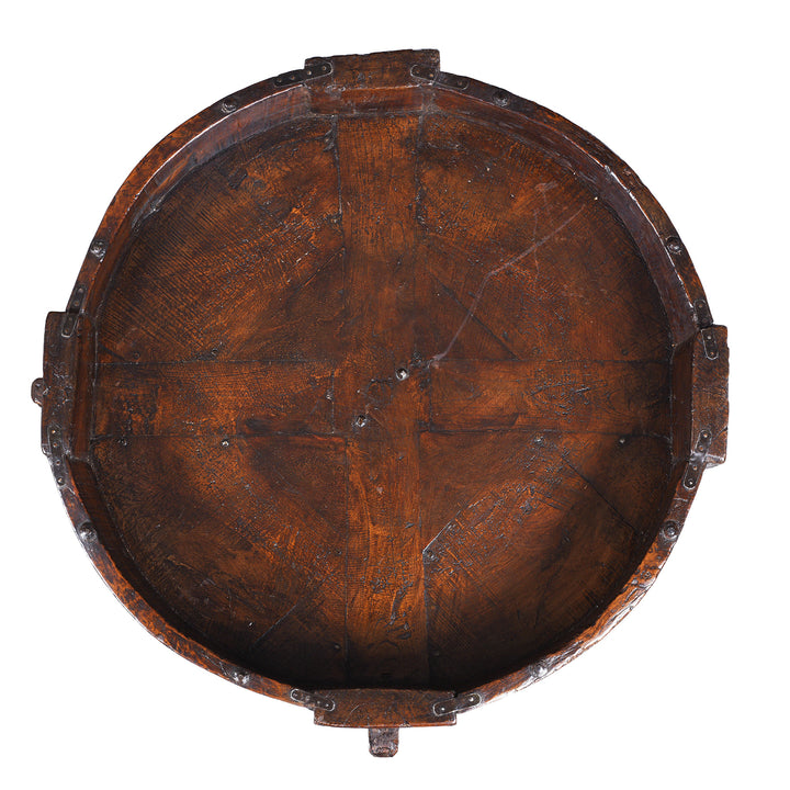 Top Down VIew Of Nineteenth Century Indian Teak Chakki Table With Chip Carved Decoration And Glass Top