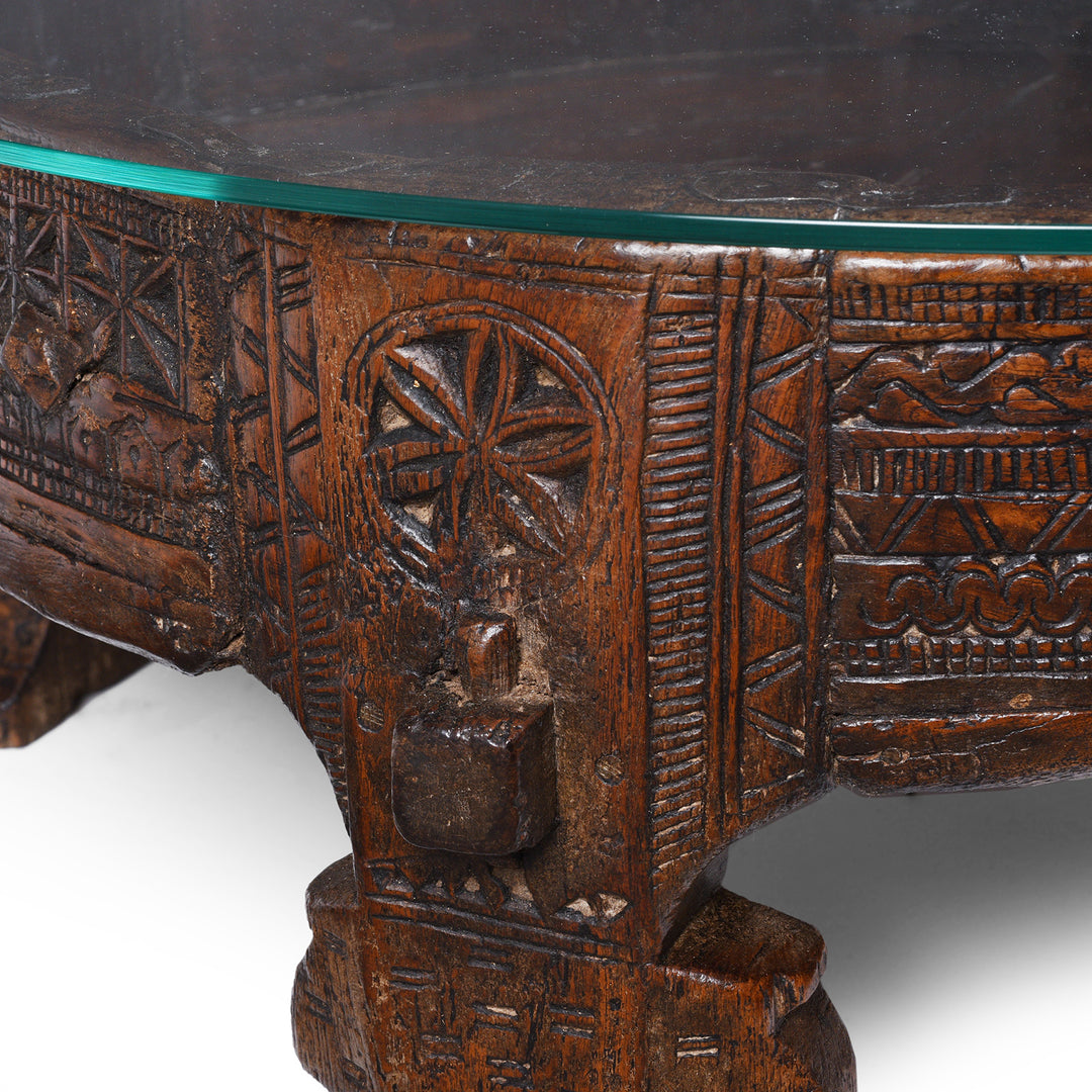 Chip Carving Detail From Nineteenth Century Indian Teak Chakki Table With Chip Carved Decoration And Glass Top