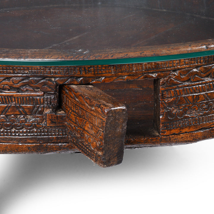 Grain Door Detail From Nineteenth Century Indian Teak Chakki Table With Chip Carved Decoration And Glass Top