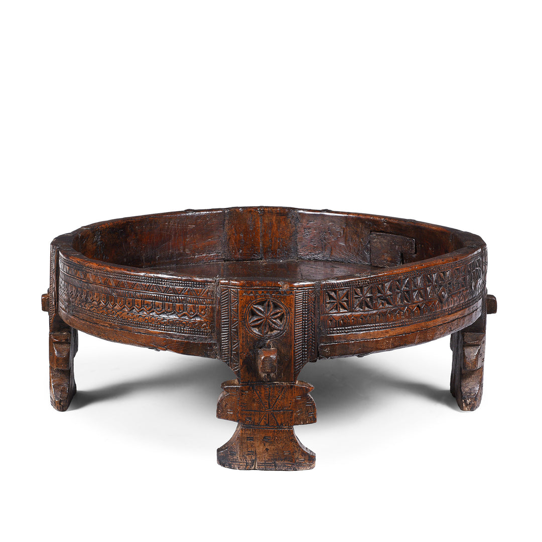 Nineteenth Century Indian Teak Chakki Table With Chip Carved Decoration And Glass Top