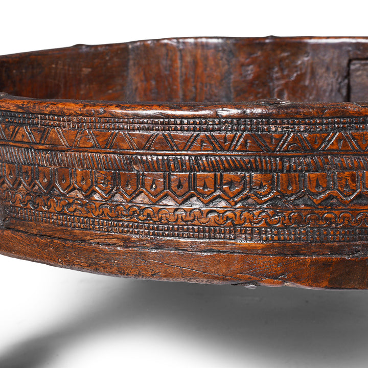 Chip Carving Detail From Nineteenth Century Indian Teak Chakki Table With Chip Carved Decoration And Glass Top