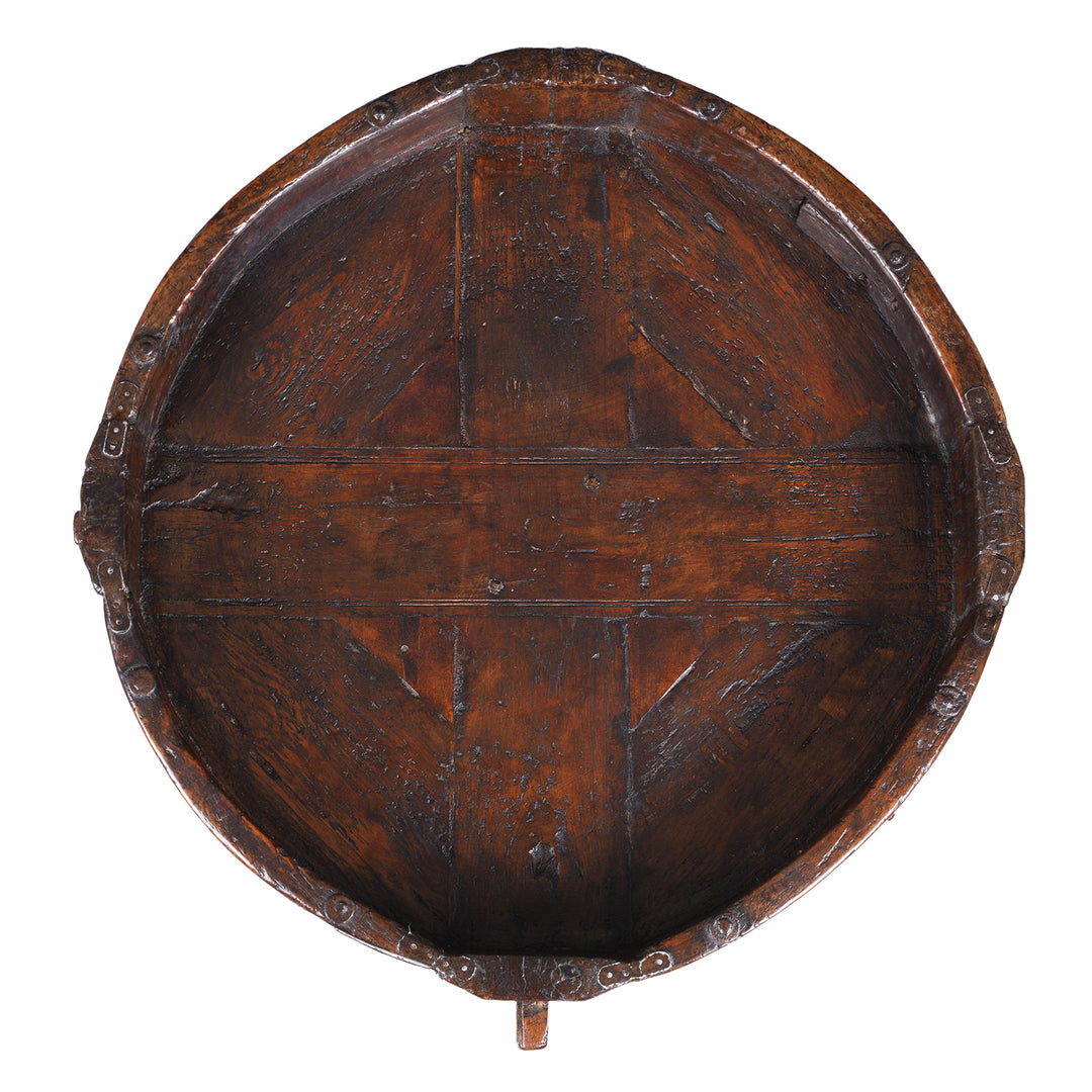 Top Down View Of Nineteenth Century Indian Teak Chakki Table With Chip Carved Decoration And Glass Top