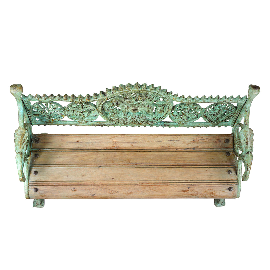 Top Down View Of Reproduction Cast Iron Garden Bench with Decorative Dog Motif €“ Vintage-Style Outdoor Seating