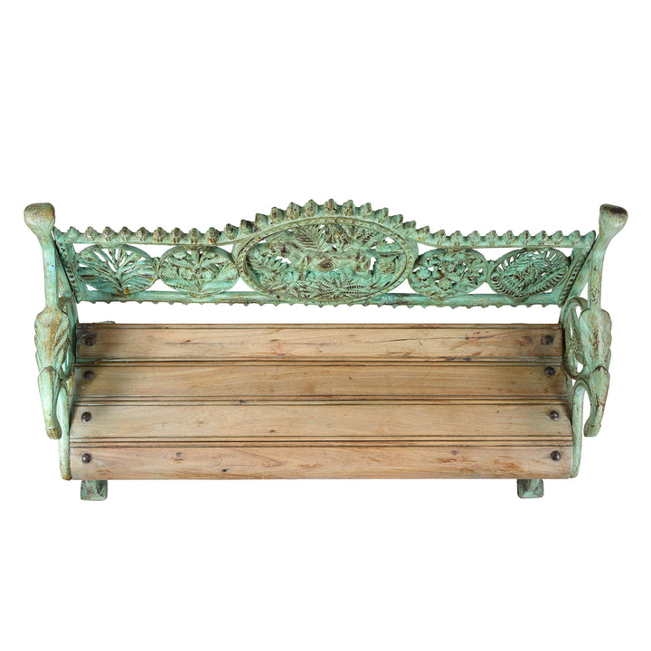 Top Down View Of Reproduction Cast Iron Garden Bench with Decorative Dog Motif €“ Vintage-Style Outdoor Seating