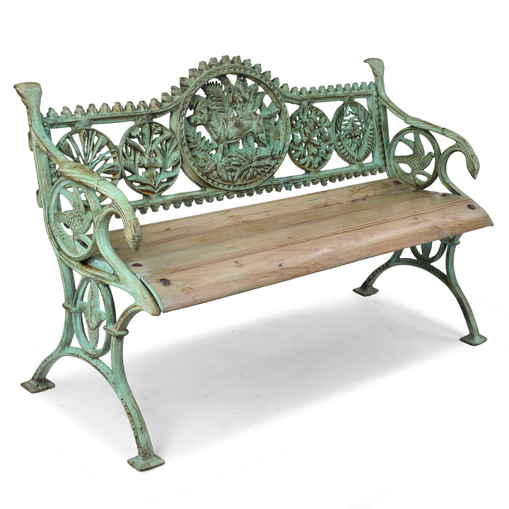 Angled VIew Of Reproduction Cast Iron Garden Bench with Decorative Dog Motif €“ Vintage-Style Outdoor Seating