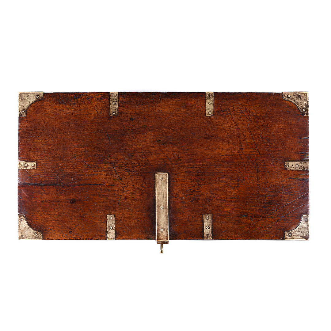 Top Down View Of 19th Century Brass Bound Anglo Indian Teak Military Chest With Original Fittings