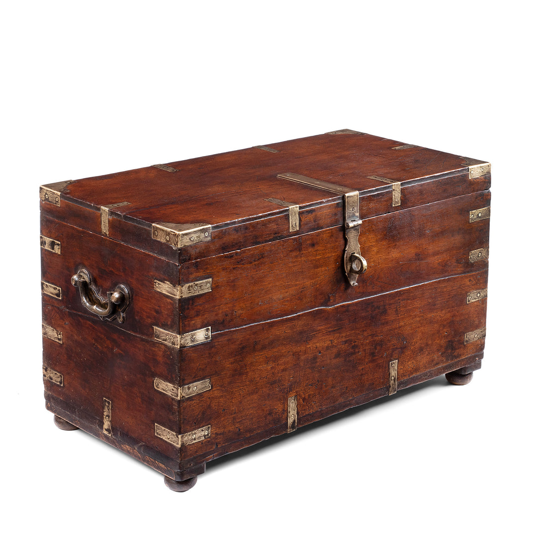 Angled View Of 19th Century Brass Bound Anglo Indian Teak Military Chest With Original Fittings