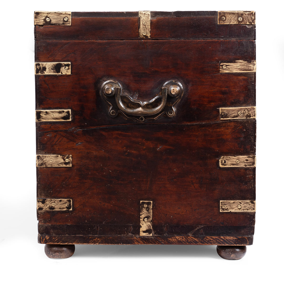 End Detail From 19th Century Brass Bound Anglo Indian Teak Military Chest With Original Fittings