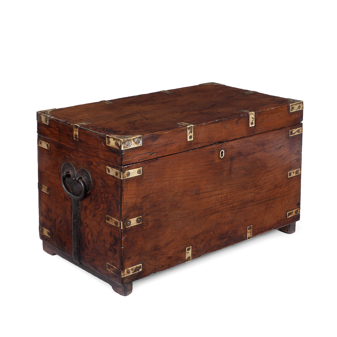 Angled VIew Of Brass Bound Teak Anglo Indian Military Chest With Original Fittings And Patina